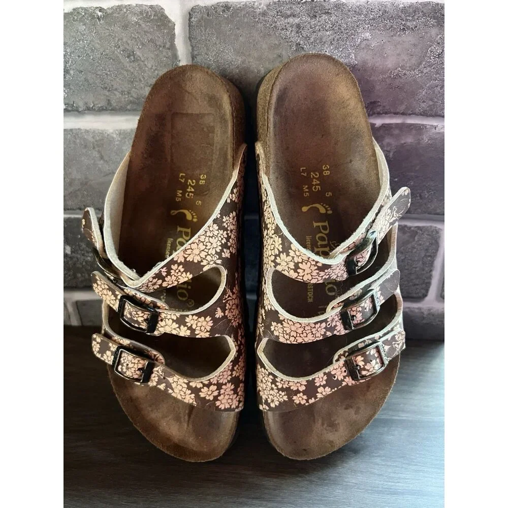 Birkenstock Papillio Florida Sandals Sz 38 7US 3 Strap Brown Floral Flower - Picture 2 of 11